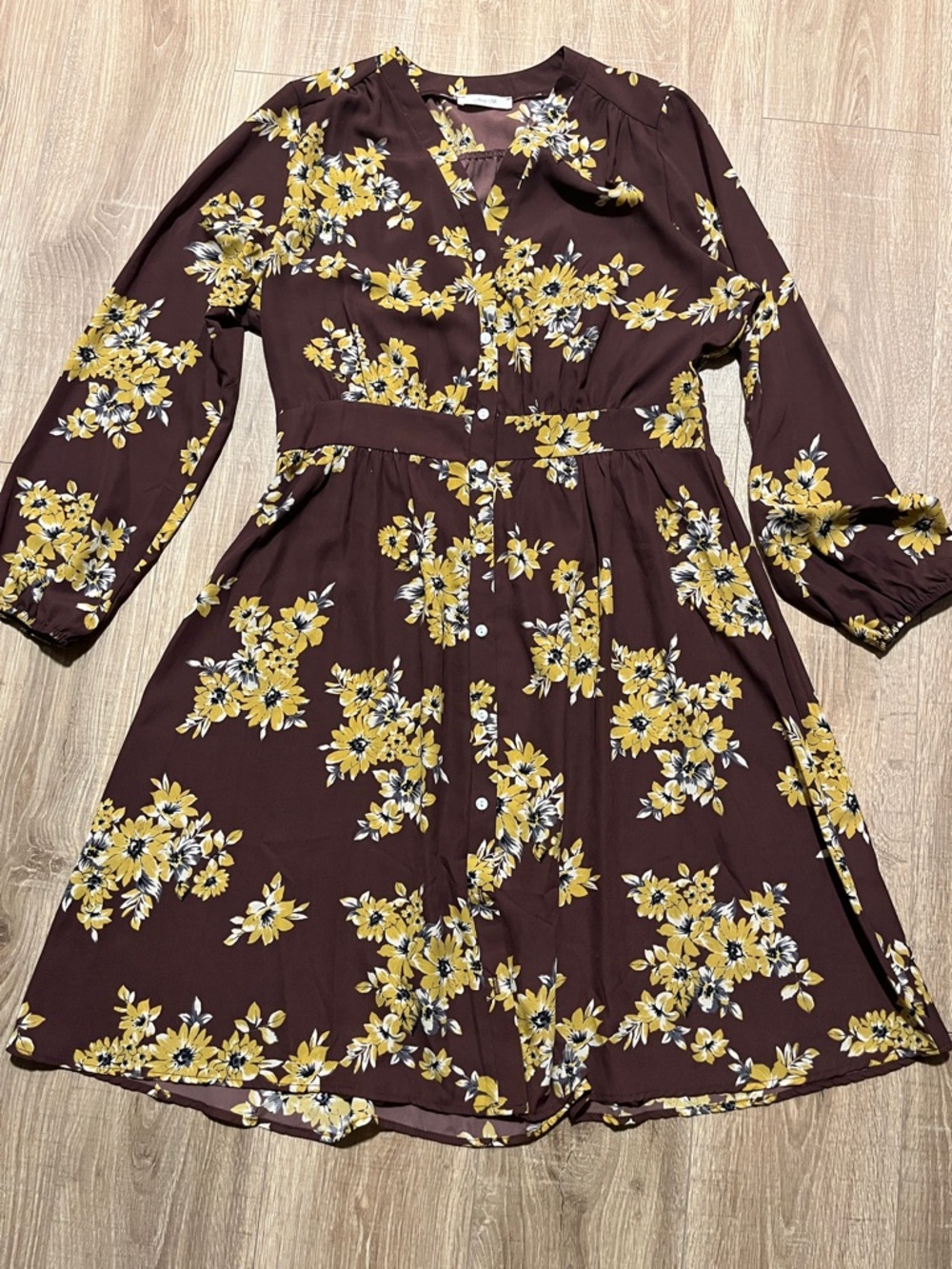ModCloth Jessy B Yellow Floral Burgundy Midi Dress with Button Front Size XL